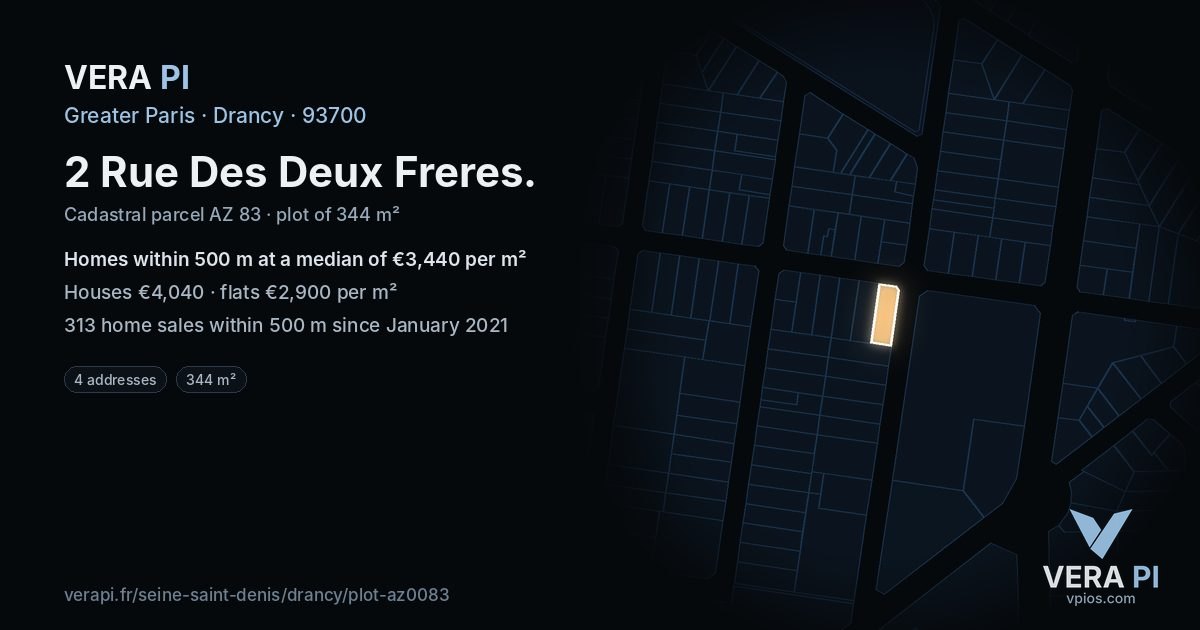 2 Rue Des Deux Freres, Drancy at night – the plot lit, the parcels around coloured by the prices near them