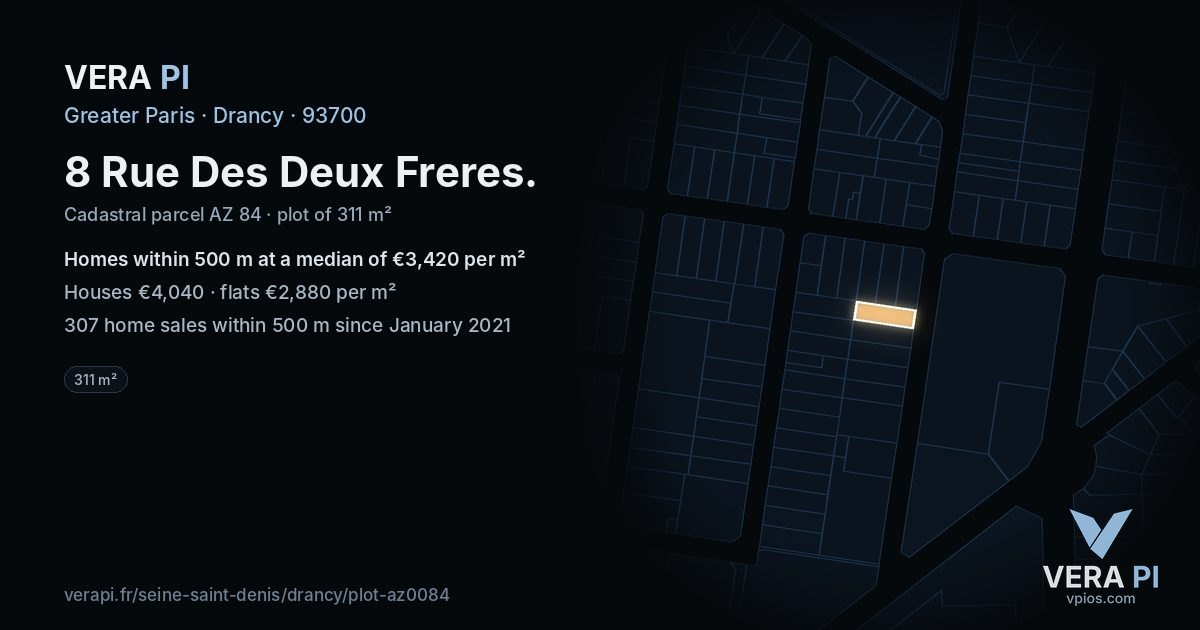 8 Rue Des Deux Freres, Drancy at night – the plot lit, the parcels around coloured by the prices near them