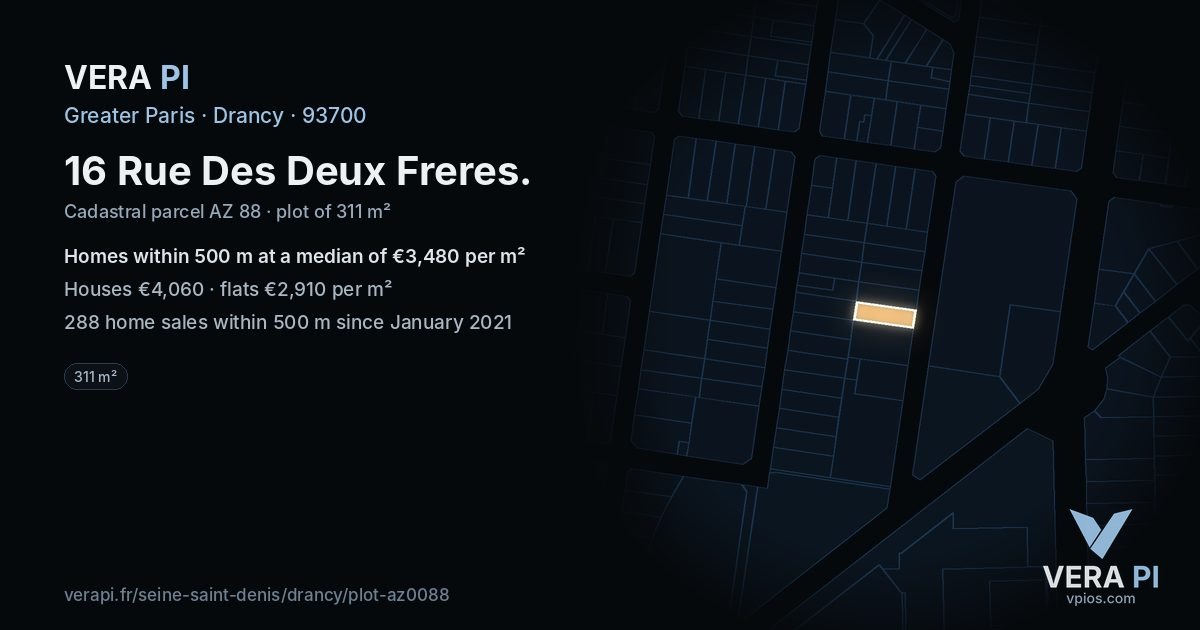 16 Rue Des Deux Freres, Drancy at night – the plot lit, the parcels around coloured by the prices near them