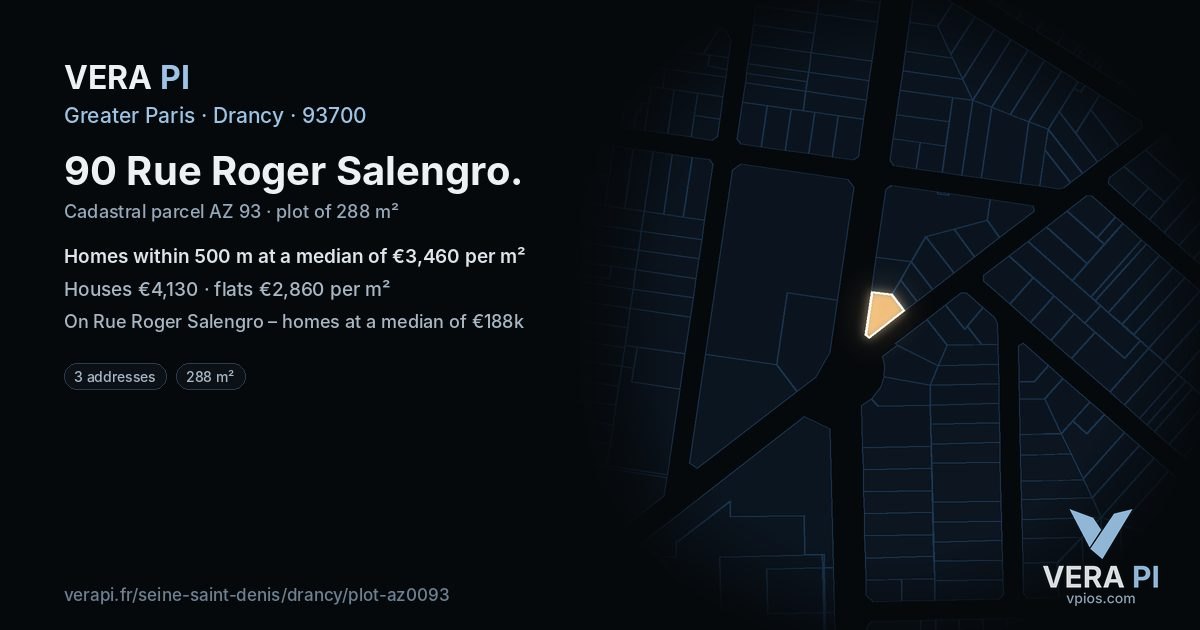 90 Rue Roger Salengro, Drancy at night – the plot lit, the parcels around coloured by the prices near them