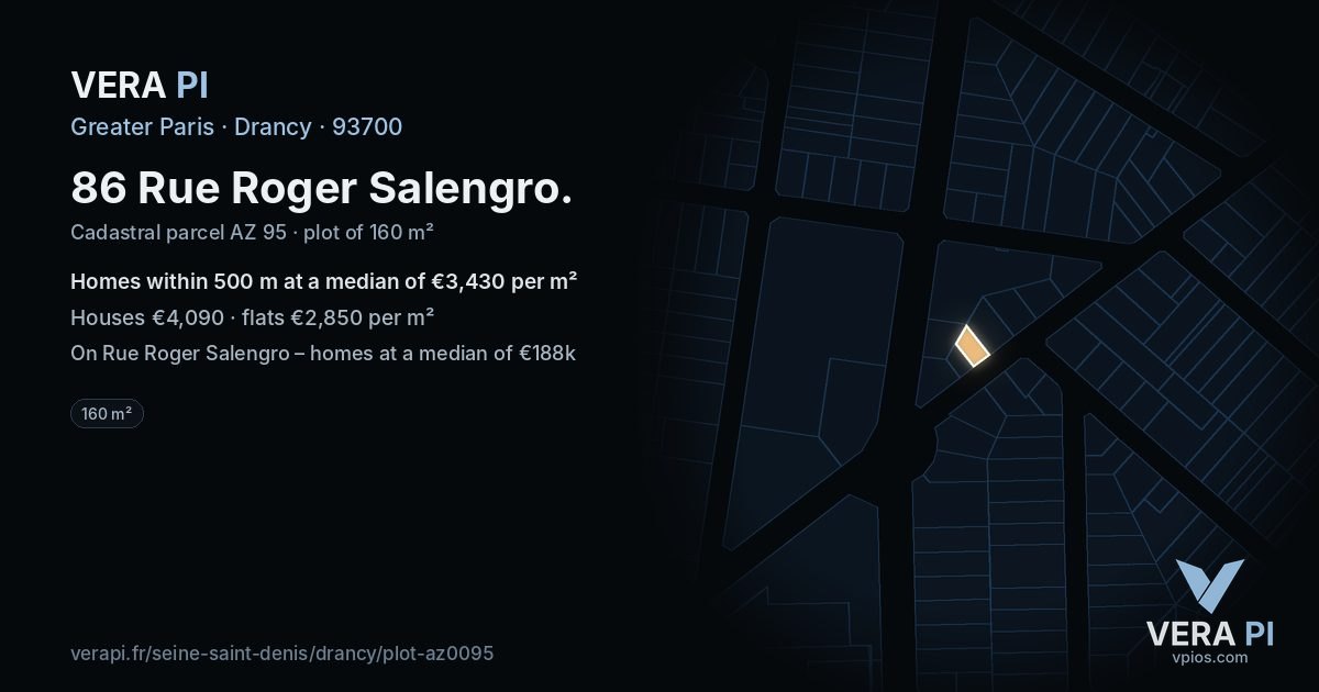 86 Rue Roger Salengro, Drancy at night – the plot lit, the parcels around coloured by the prices near them