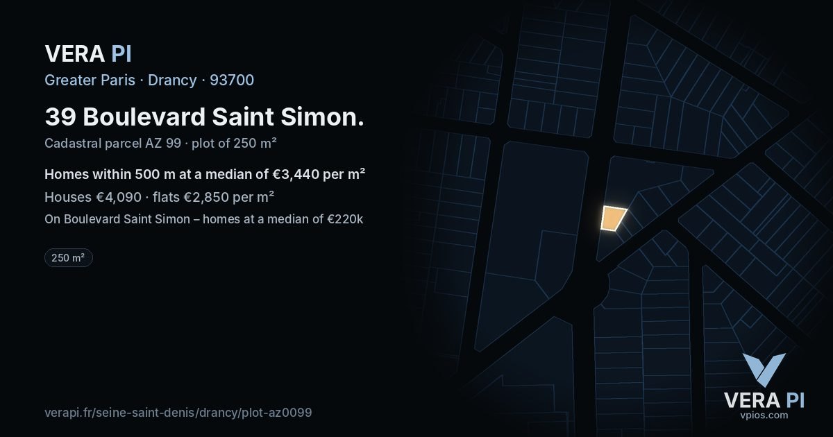 39 Boulevard Saint Simon, Drancy at night – the plot lit, the parcels around coloured by the prices near them
