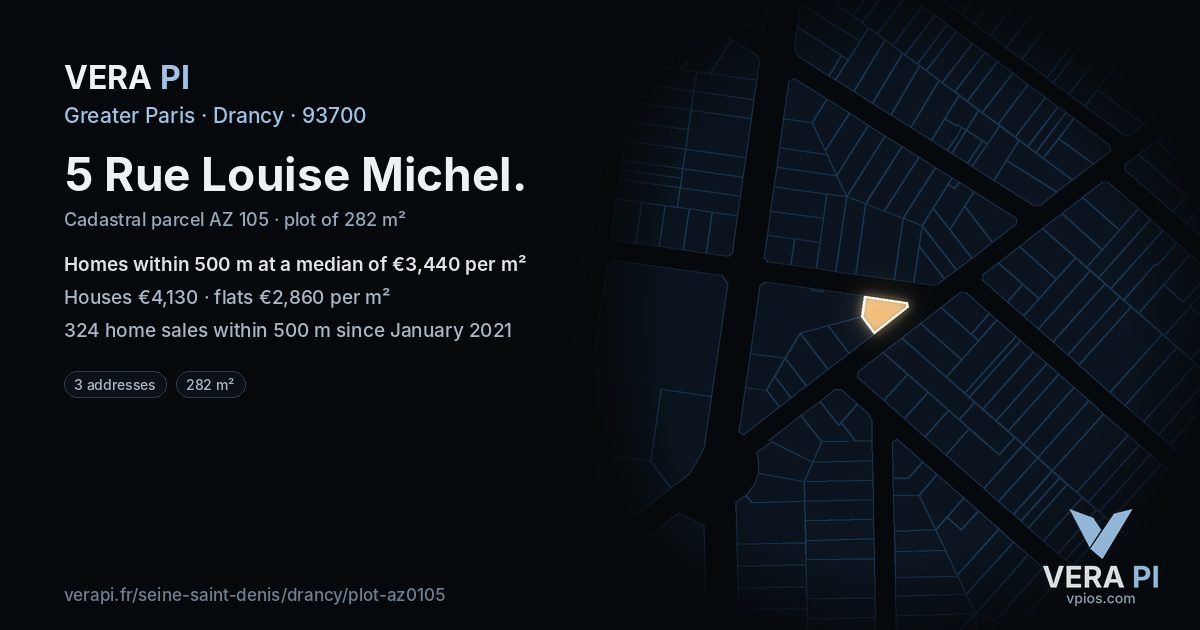 5 Rue Louise Michel, Drancy at night – the plot lit, the parcels around coloured by the prices near them