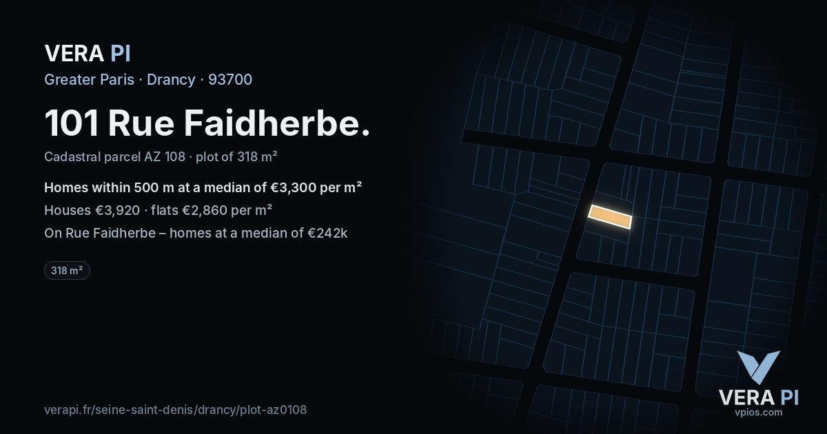 101 Rue Faidherbe, Drancy at night – the plot lit, the parcels around coloured by the prices near them