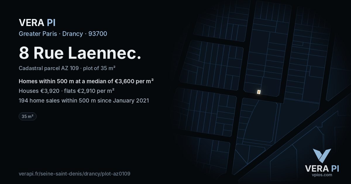 8 Rue Laennec, Drancy at night – the plot lit, the parcels around coloured by the prices near them