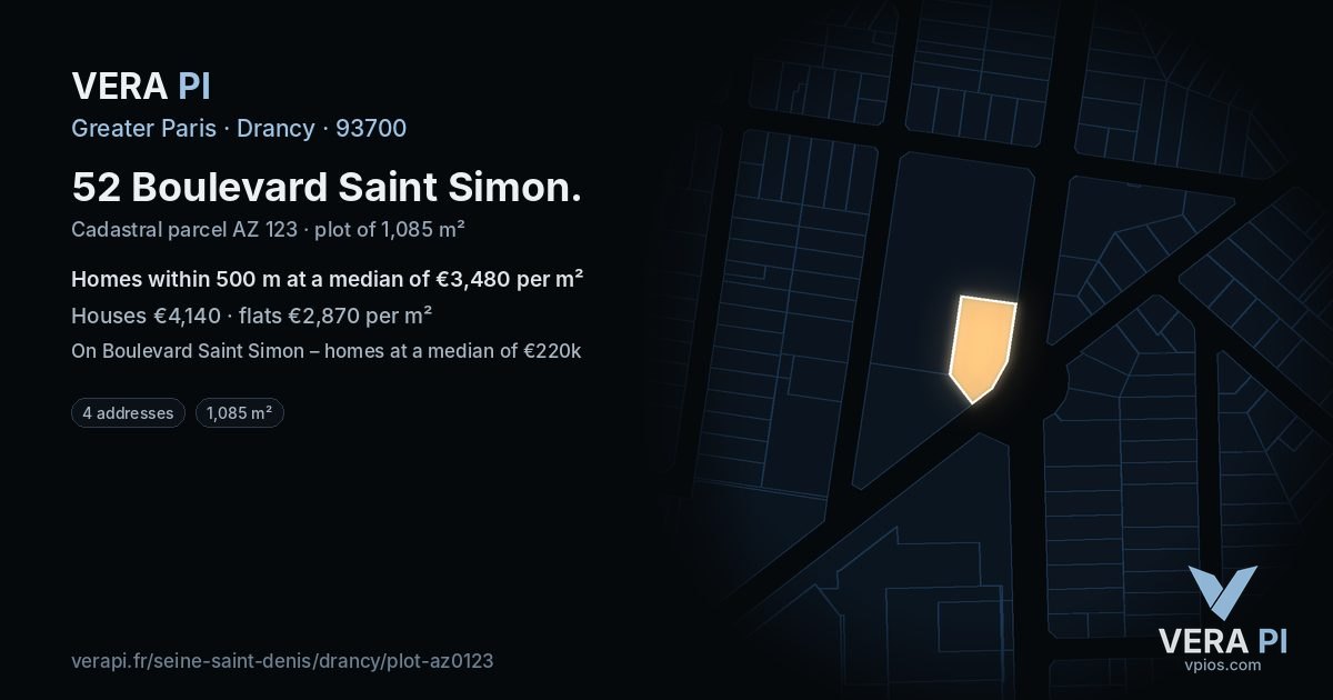 52 Boulevard Saint Simon, Drancy at night – the plot lit, the parcels around coloured by the prices near them