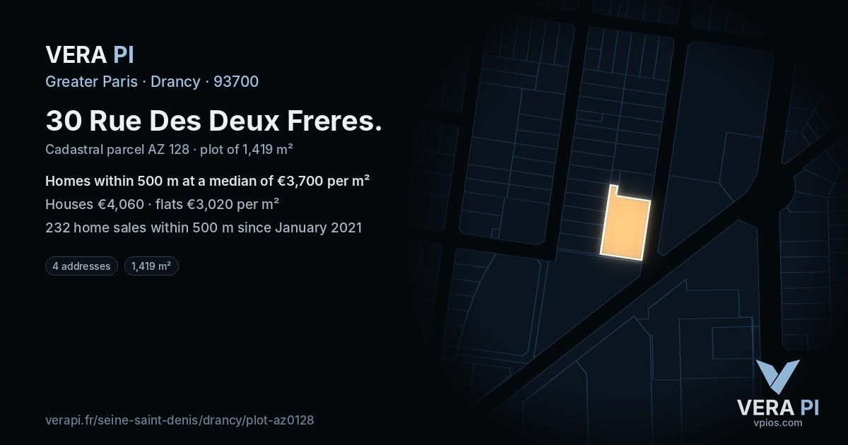 30 Rue Des Deux Freres, Drancy at night – the plot lit, the parcels around coloured by the prices near them