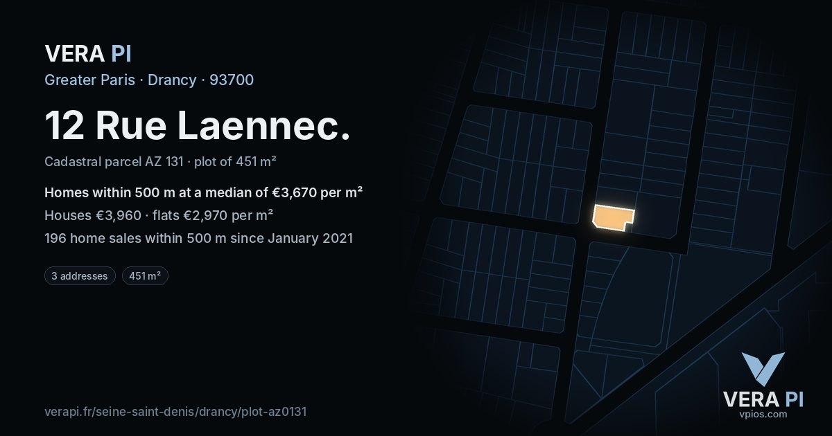 12 Rue Laennec, Drancy at night – the plot lit, the parcels around coloured by the prices near them