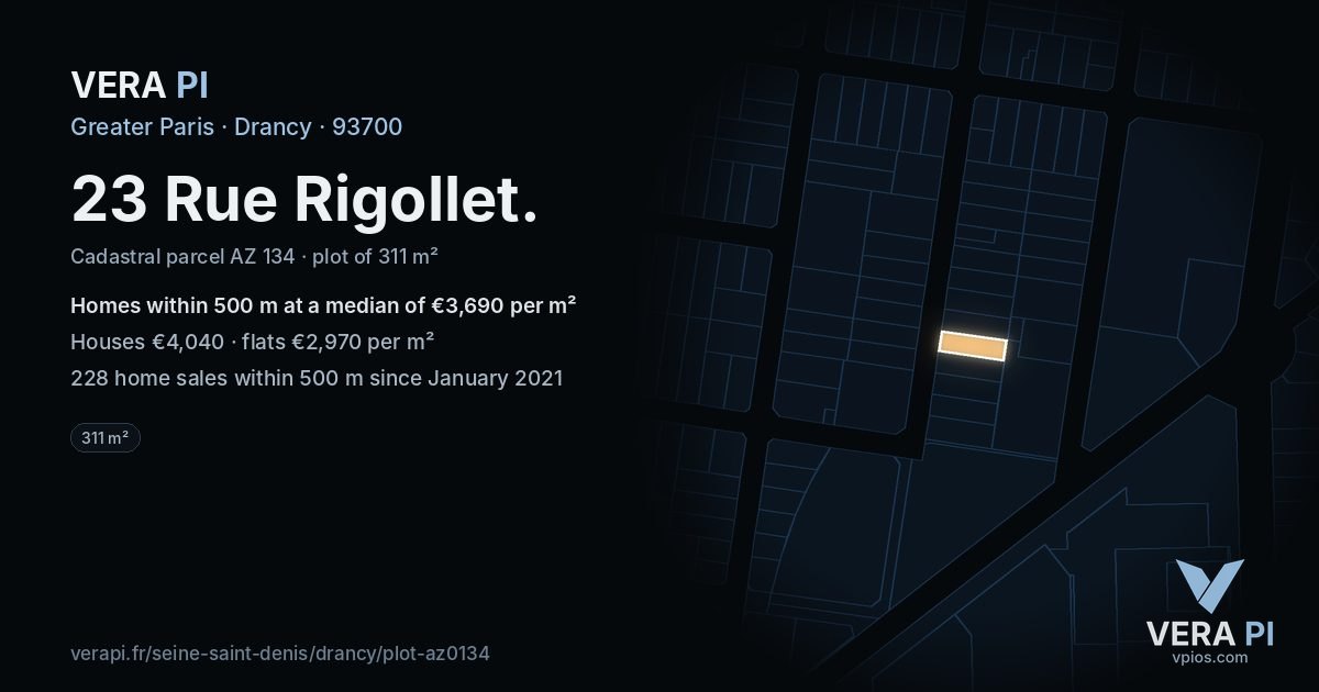 23 Rue Rigollet, Drancy at night – the plot lit, the parcels around coloured by the prices near them