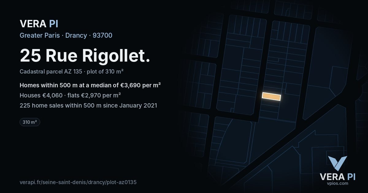 25 Rue Rigollet, Drancy at night – the plot lit, the parcels around coloured by the prices near them