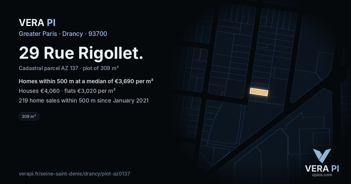 29 Rue Rigollet, Drancy at night – the plot lit, the parcels around coloured by the prices near them
