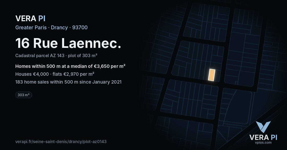16 Rue Laennec, Drancy at night – the plot lit, the parcels around coloured by the prices near them
