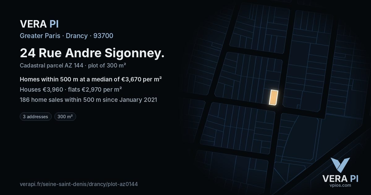 24 Rue Andre Sigonney, Drancy at night – the plot lit, the parcels around coloured by the prices near them
