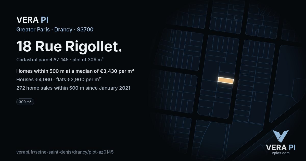 18 Rue Rigollet, Drancy at night – the plot lit, the parcels around coloured by the prices near them
