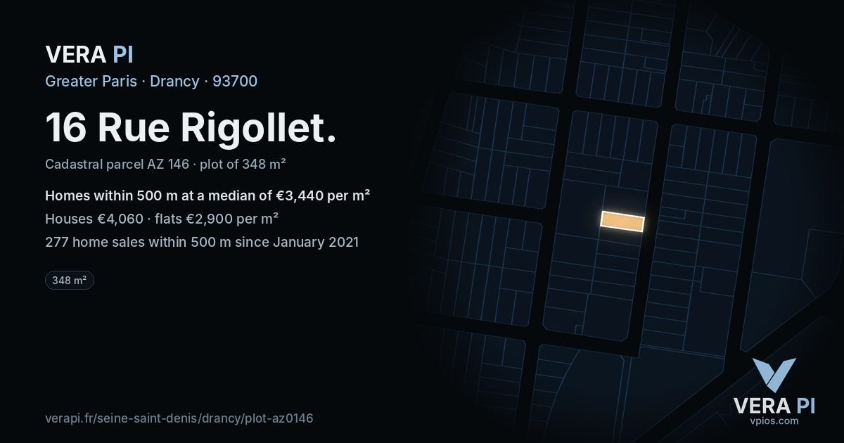 16 Rue Rigollet, Drancy at night – the plot lit, the parcels around coloured by the prices near them