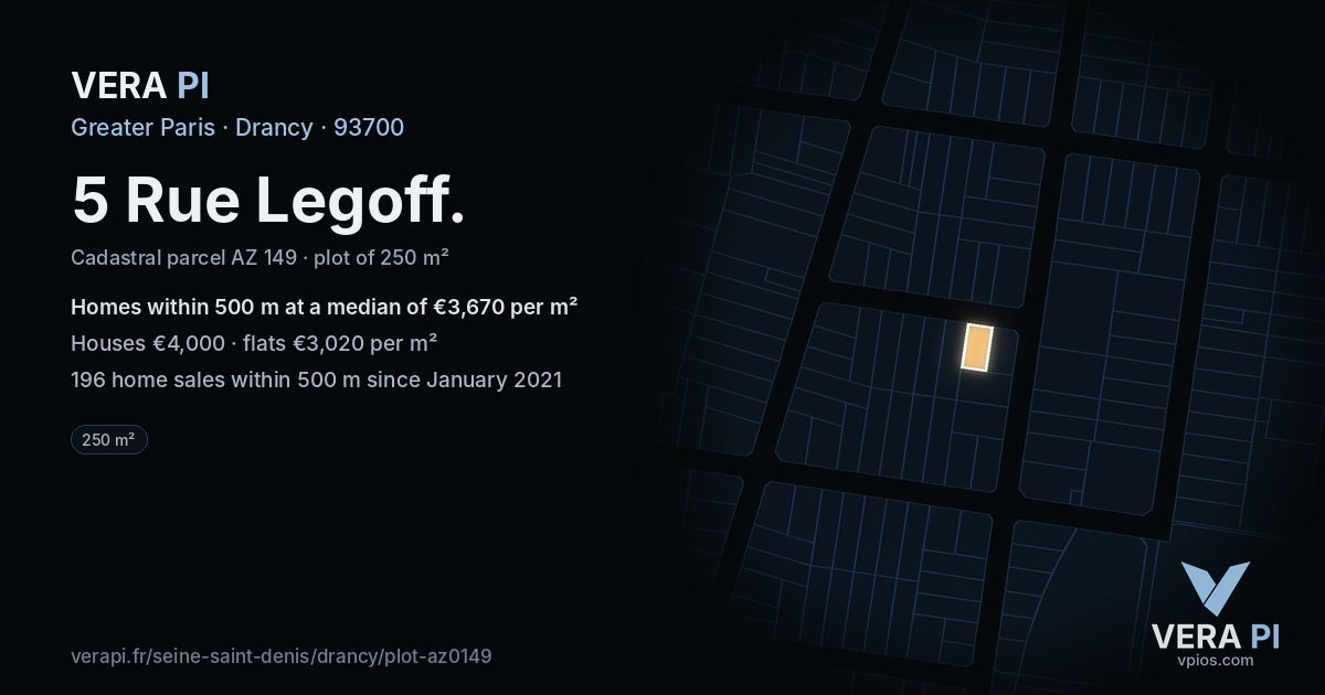 5 Rue Legoff, Drancy at night – the plot lit, the parcels around coloured by the prices near them