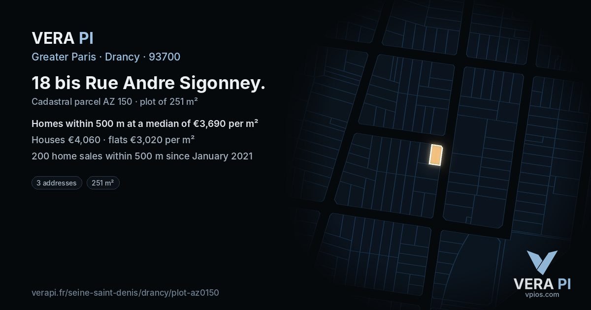 18 bis Rue Andre Sigonney, Drancy at night – the plot lit, the parcels around coloured by the prices near them