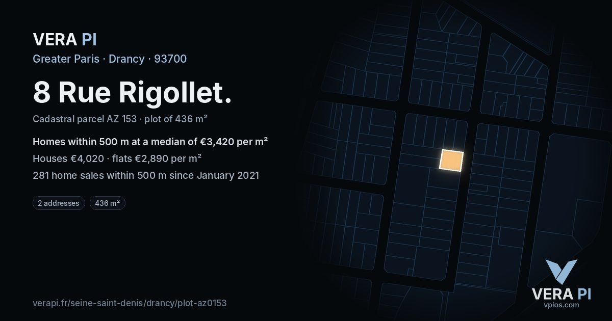 8 Rue Rigollet, Drancy at night – the plot lit, the parcels around coloured by the prices near them