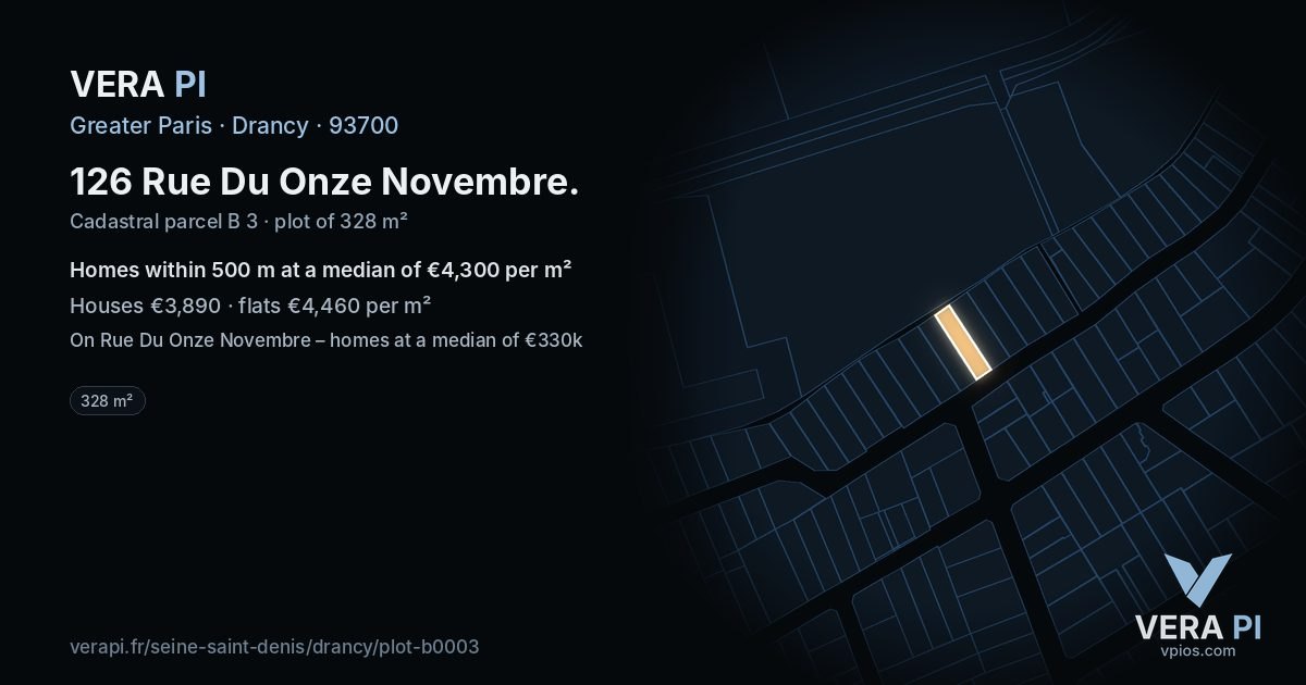 126 Rue Du Onze Novembre, Drancy at night – the plot lit, the parcels around coloured by the prices near them