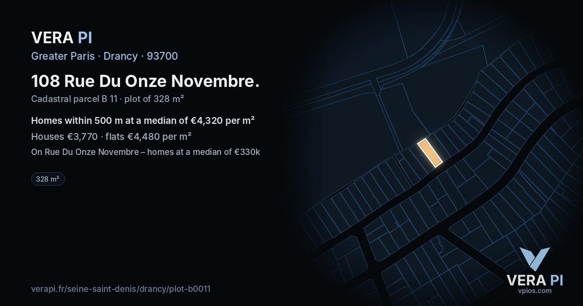 108 Rue Du Onze Novembre, Drancy at night – the plot lit, the parcels around coloured by the prices near them
