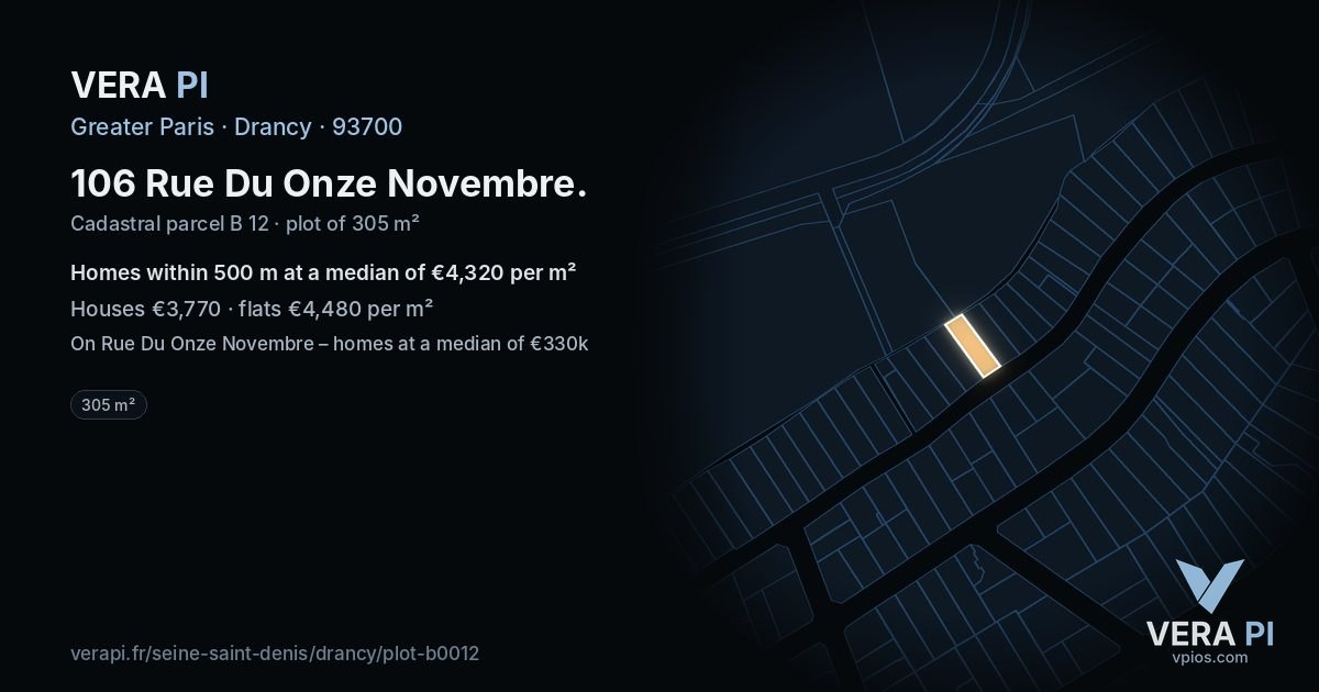 106 Rue Du Onze Novembre, Drancy at night – the plot lit, the parcels around coloured by the prices near them