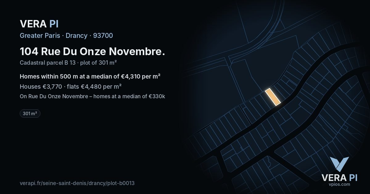 104 Rue Du Onze Novembre, Drancy at night – the plot lit, the parcels around coloured by the prices near them