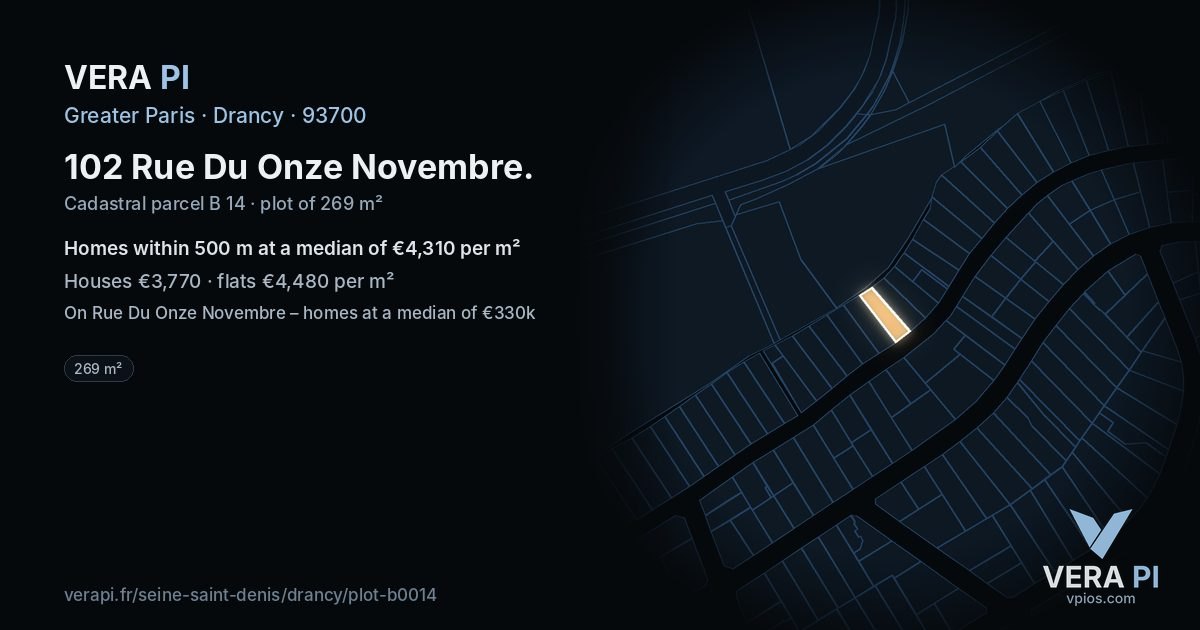 102 Rue Du Onze Novembre, Drancy at night – the plot lit, the parcels around coloured by the prices near them