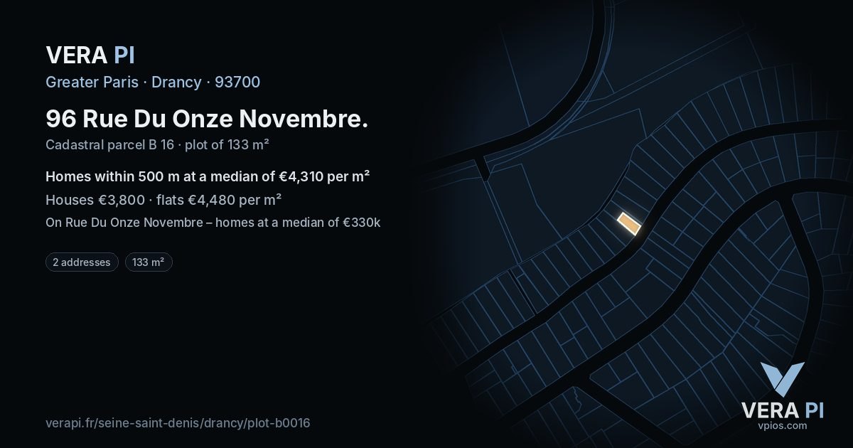 96 Rue Du Onze Novembre, Drancy at night – the plot lit, the parcels around coloured by the prices near them