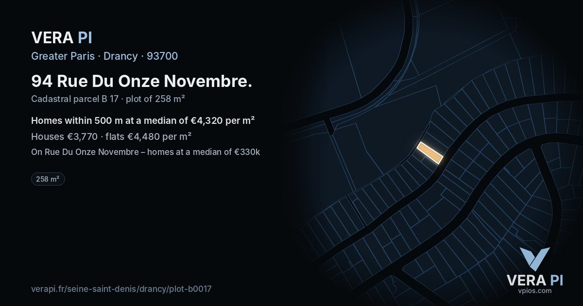 94 Rue Du Onze Novembre, Drancy at night – the plot lit, the parcels around coloured by the prices near them
