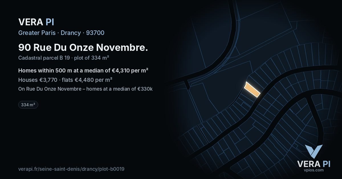 90 Rue Du Onze Novembre, Drancy at night – the plot lit, the parcels around coloured by the prices near them