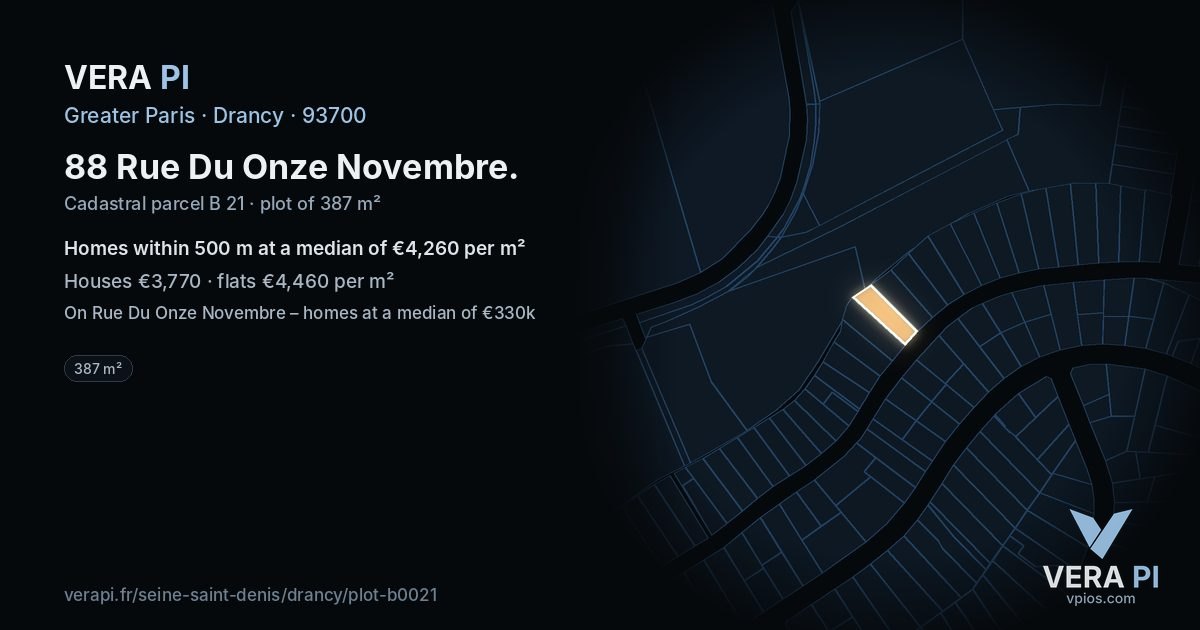 88 Rue Du Onze Novembre, Drancy at night – the plot lit, the parcels around coloured by the prices near them