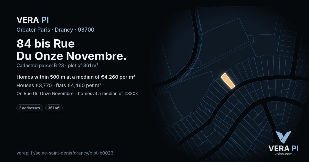 84 bis Rue Du Onze Novembre, Drancy at night – the plot lit, the parcels around coloured by the prices near them
