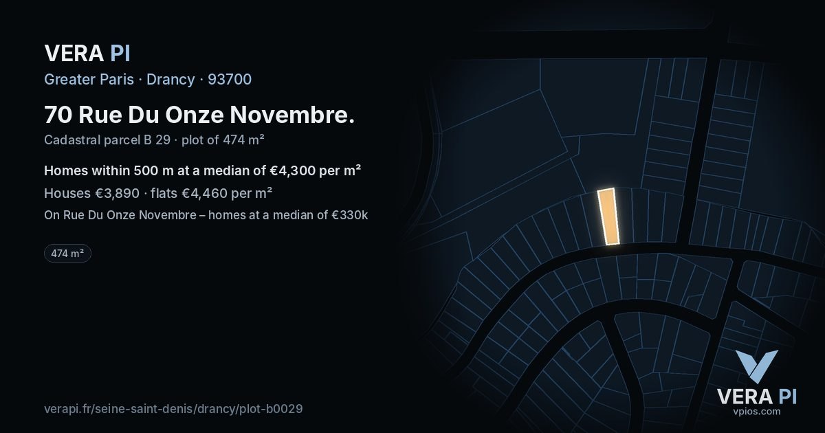 70 Rue Du Onze Novembre, Drancy at night – the plot lit, the parcels around coloured by the prices near them