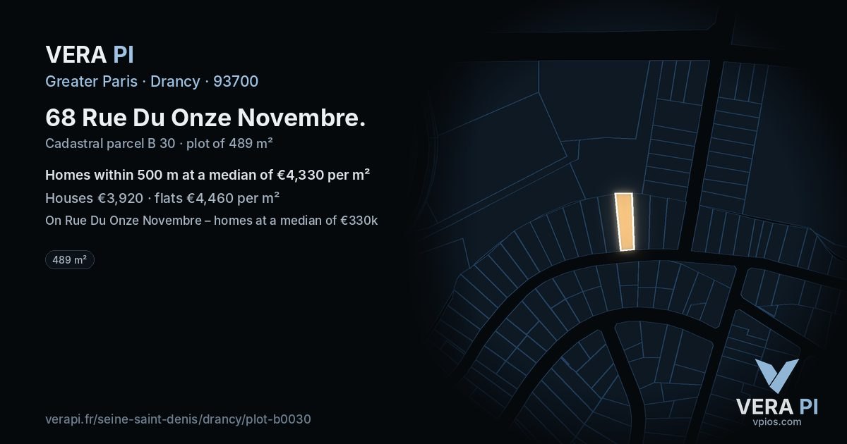 68 Rue Du Onze Novembre, Drancy at night – the plot lit, the parcels around coloured by the prices near them