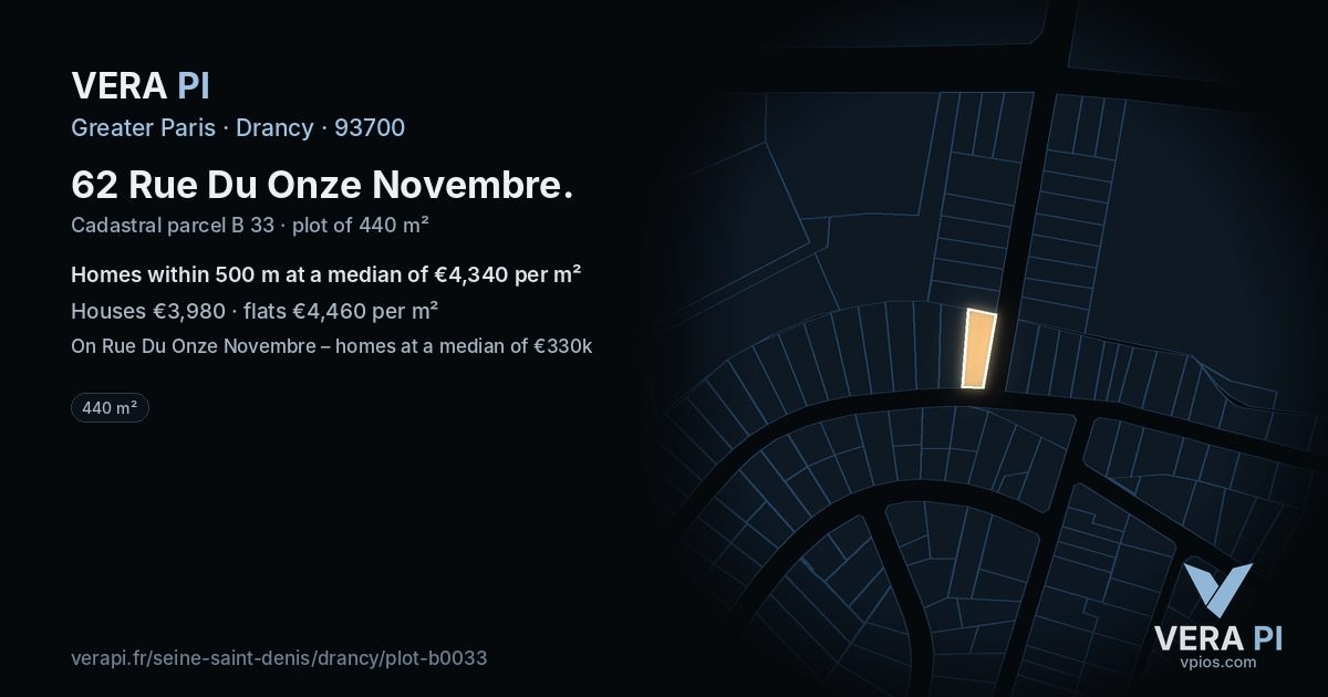 62 Rue Du Onze Novembre, Drancy at night – the plot lit, the parcels around coloured by the prices near them