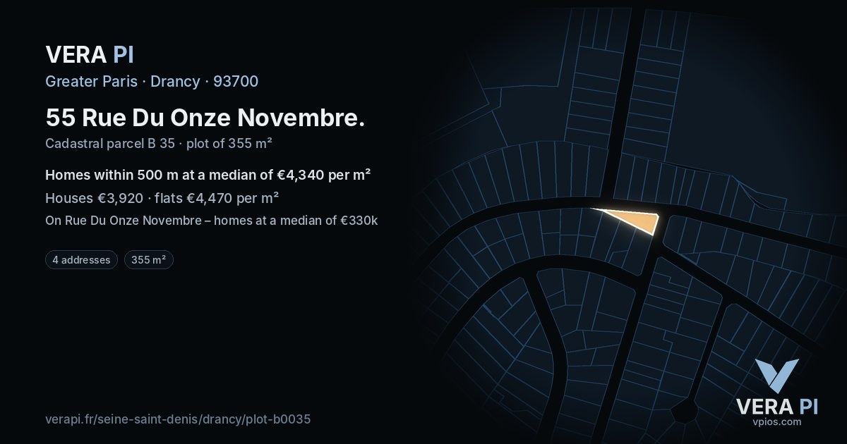 55 Rue Du Onze Novembre, Drancy at night – the plot lit, the parcels around coloured by the prices near them