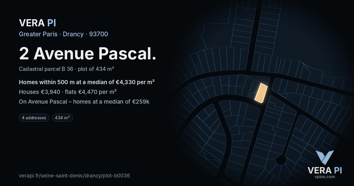 2 Avenue Pascal, Drancy at night – the plot lit, the parcels around coloured by the prices near them