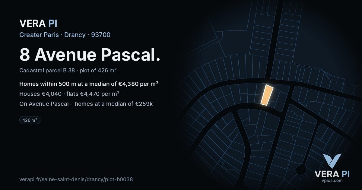8 Avenue Pascal, Drancy at night – the plot lit, the parcels around coloured by the prices near them