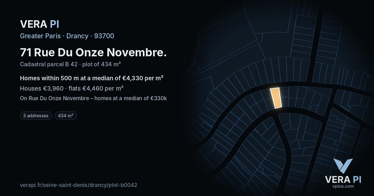 71 Rue Du Onze Novembre, Drancy at night – the plot lit, the parcels around coloured by the prices near them