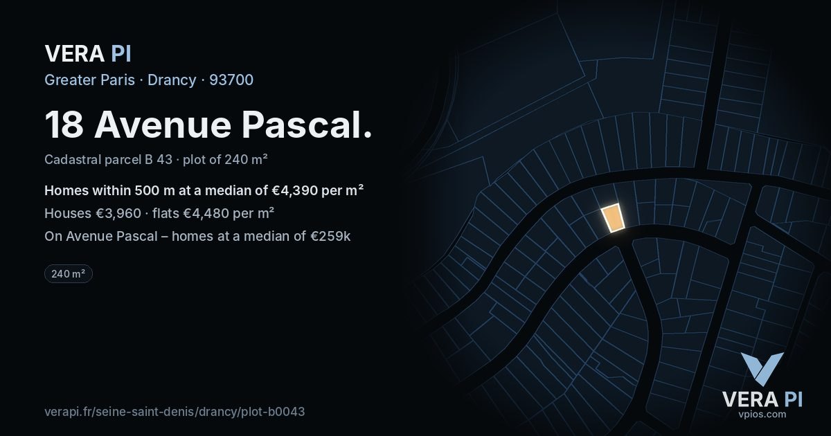 18 Avenue Pascal, Drancy at night – the plot lit, the parcels around coloured by the prices near them
