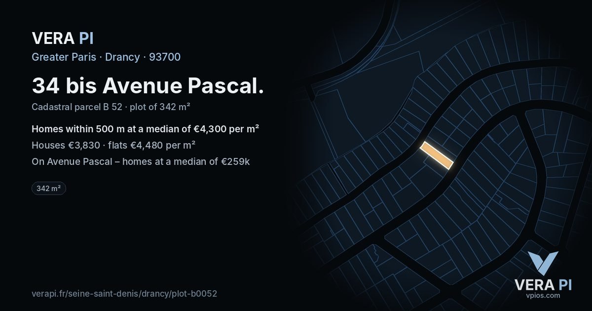 34 bis Avenue Pascal, Drancy at night – the plot lit, the parcels around coloured by the prices near them