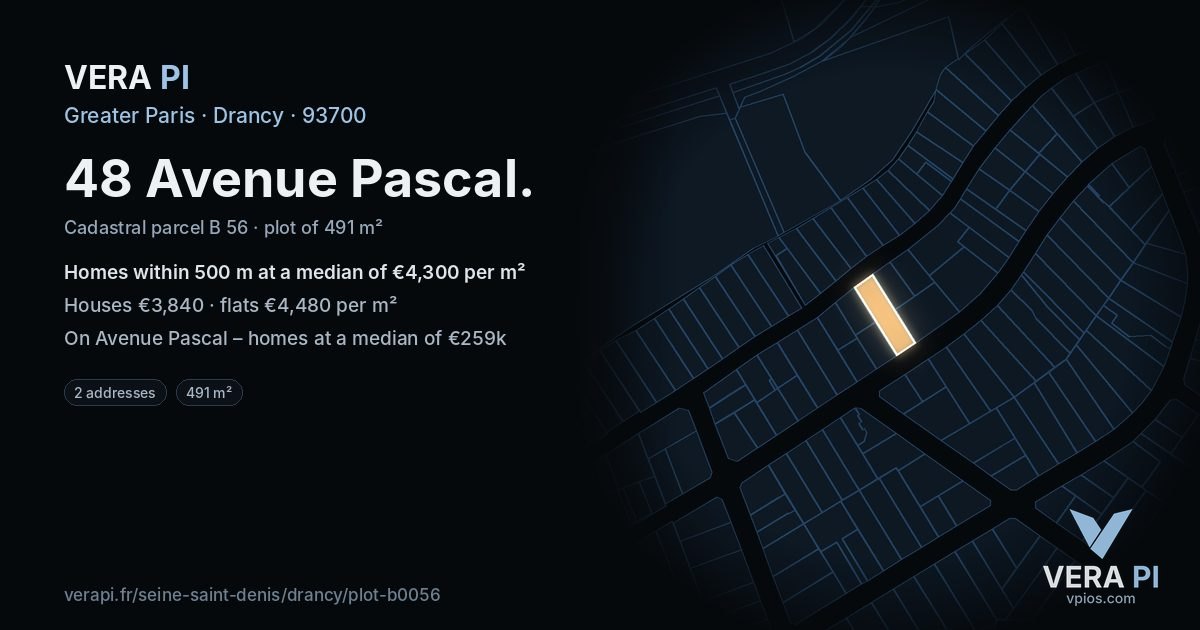 48 Avenue Pascal, Drancy at night – the plot lit, the parcels around coloured by the prices near them