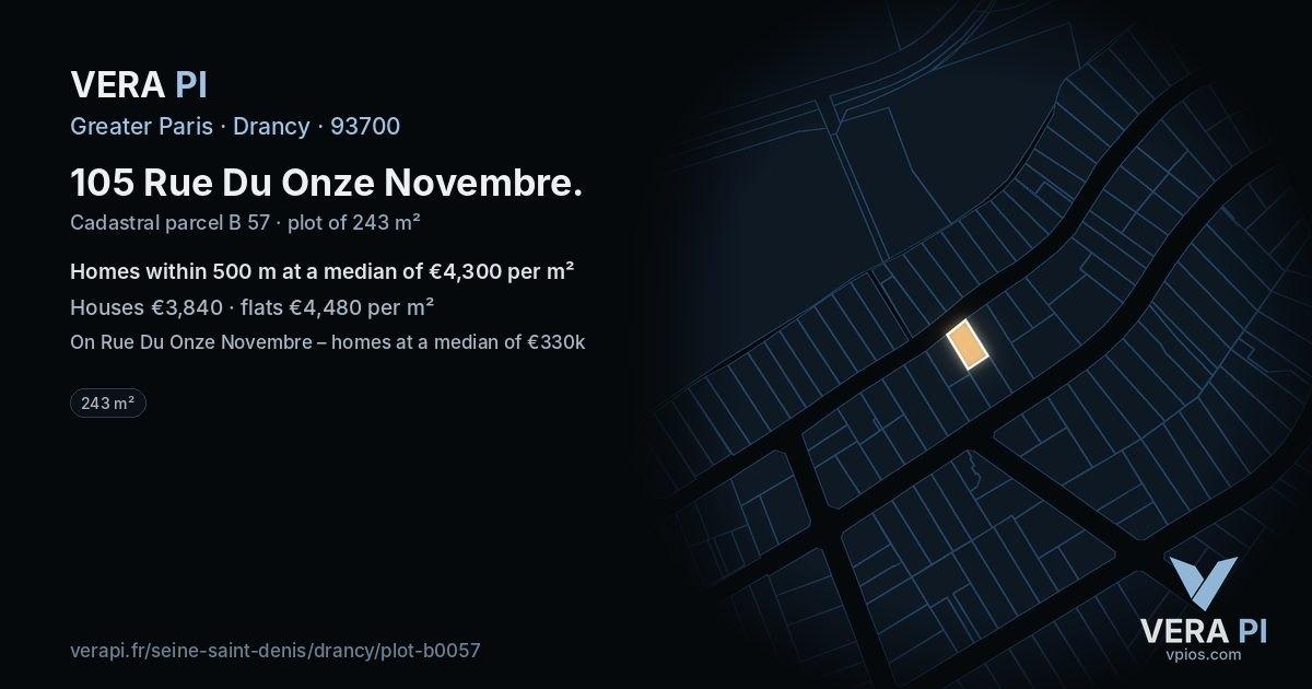 105 Rue Du Onze Novembre, Drancy at night – the plot lit, the parcels around coloured by the prices near them