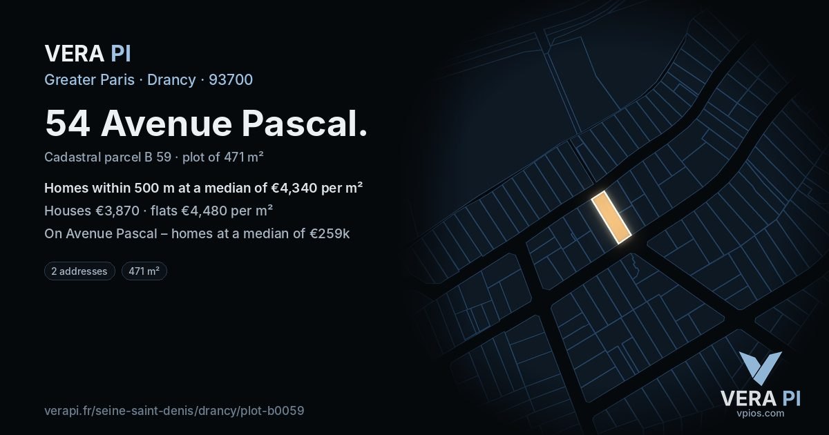 54 Avenue Pascal, Drancy at night – the plot lit, the parcels around coloured by the prices near them