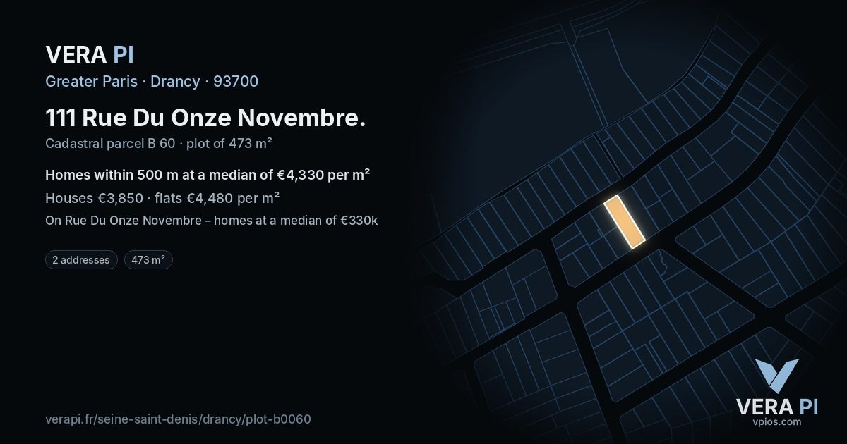 111 Rue Du Onze Novembre, Drancy at night – the plot lit, the parcels around coloured by the prices near them