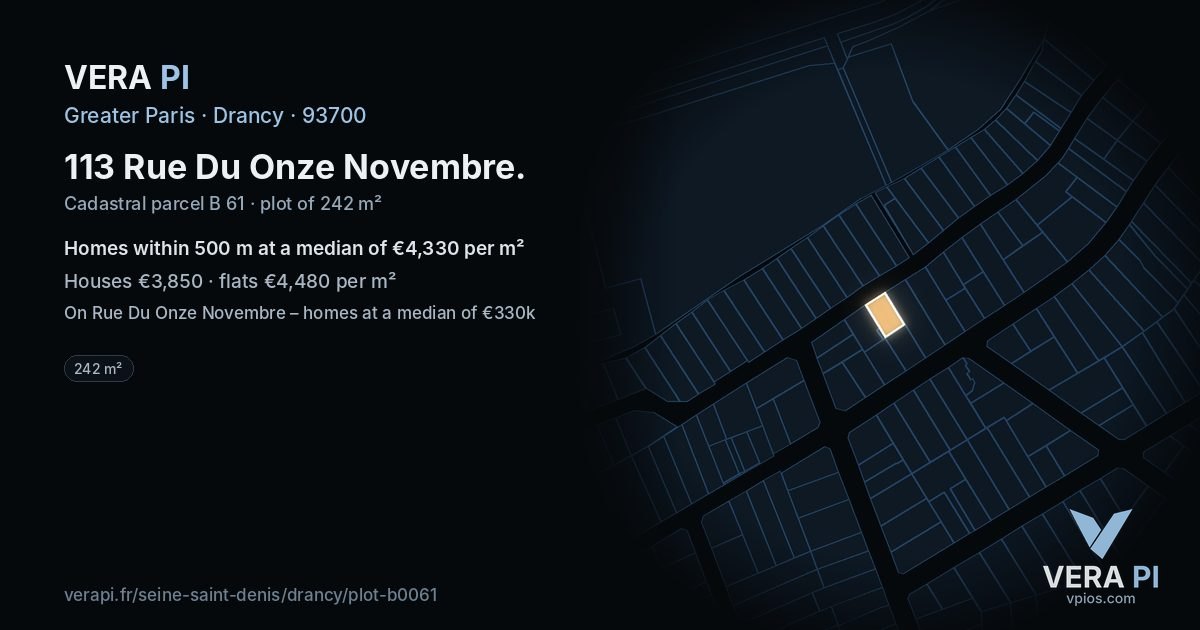 113 Rue Du Onze Novembre, Drancy at night – the plot lit, the parcels around coloured by the prices near them