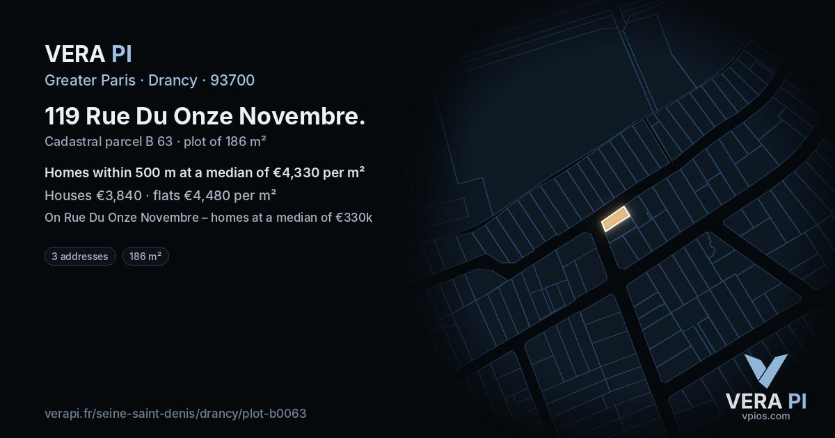 119 Rue Du Onze Novembre, Drancy at night – the plot lit, the parcels around coloured by the prices near them