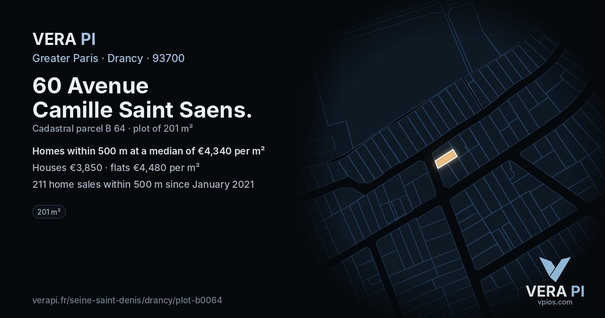 60 Avenue Camille Saint Saens, Drancy at night – the plot lit, the parcels around coloured by the prices near them