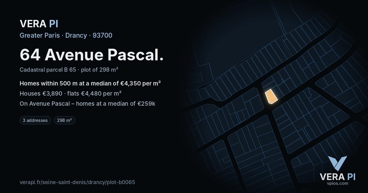 64 Avenue Pascal, Drancy at night – the plot lit, the parcels around coloured by the prices near them