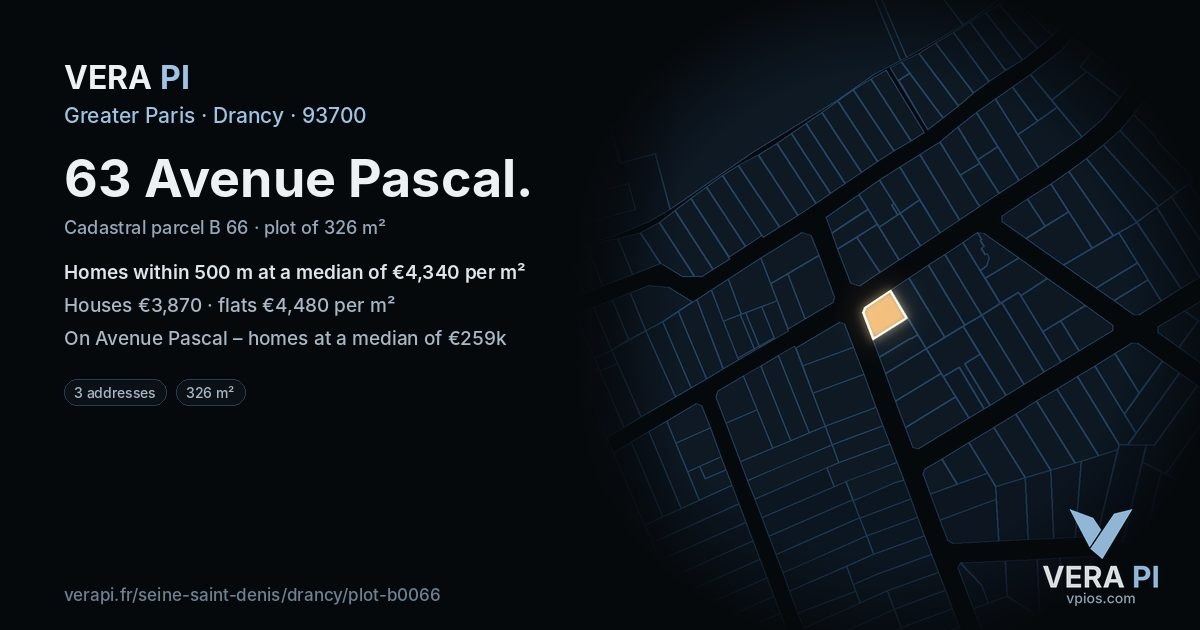 63 Avenue Pascal, Drancy at night – the plot lit, the parcels around coloured by the prices near them